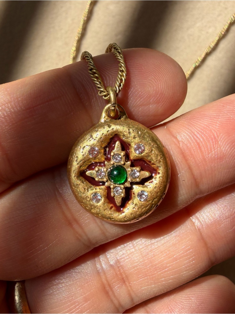 Gold-Tone Green Center Medallion Pendant Necklace - Unbranded